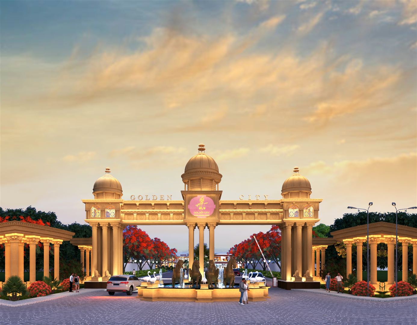 Golden-hour design view of the GoldenCity Township entrance gate